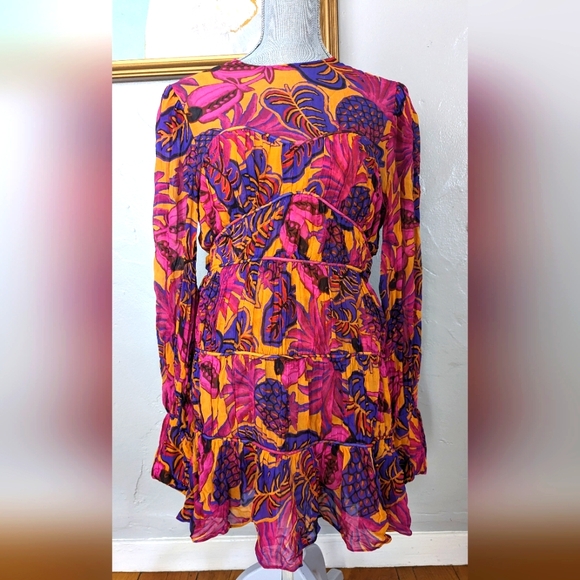 FARM RIO Fruit Dream t tiered Long Sleeve Mini Dress small nwt graduation - Picture 2 of 3